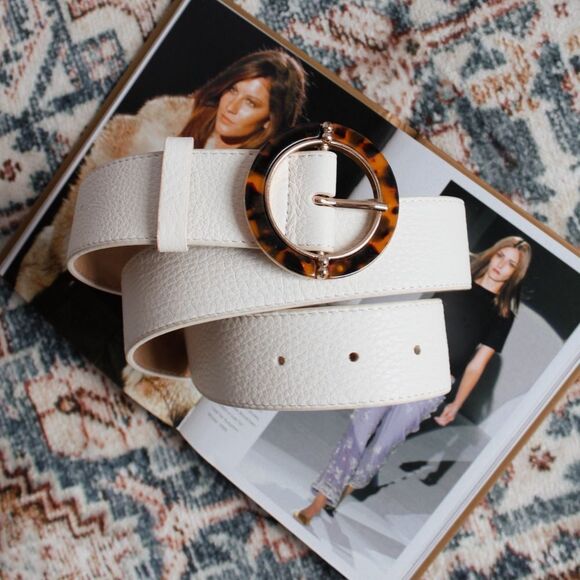 Talbots Round Leopard Buckle Beige Leather Waist Belt - Picture 7 of 11